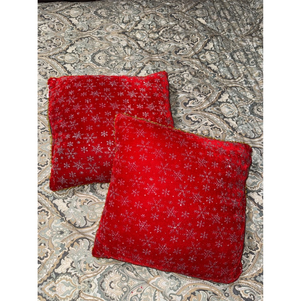 Set of 2 Red Velvet Christmas Snowflake Throw Pillows Gold lace Trim 14x14